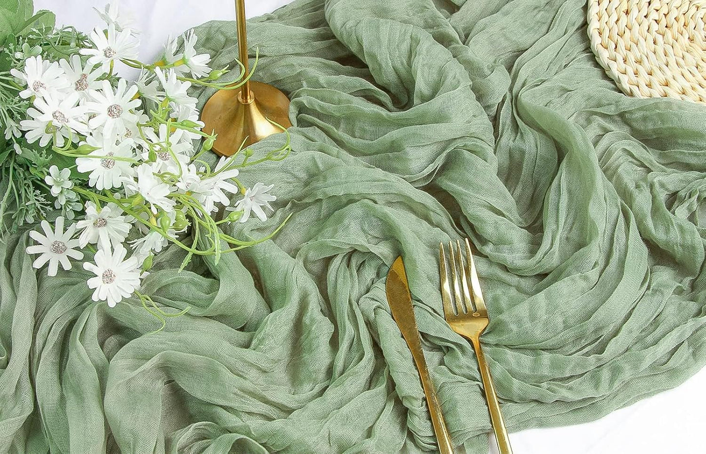 FEXIA 3 Pack Sage Green Table Runner 35x120 Inches for Baby Shower Decoration Gauze Rustic Table Runner for Wedding Party First Communion Centerpiece Engagement Bridal Shower Boho Decoration