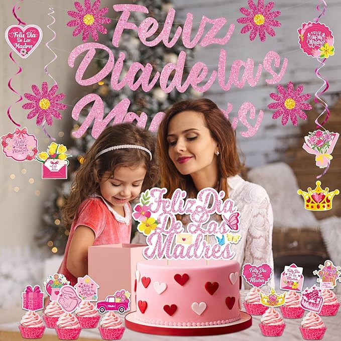 Feliz Día de las Madres Decorations Kit - Feliz Día de las Madres Banner,6 Hanging Swirl Banners, 15 Printed Latex Balloons and Cake Topper for Mexican Mother's Day Party