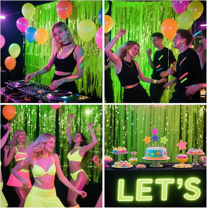 4 Packs Glow in The Dark Foil Fringe Curtain, Macaron Yellow Blacklight Reactive Fluorescent Tinsel Backdrop Neon Luminous Streamers for Birthday, Wedding, Neon Party, Glow Party Decorations Supplies