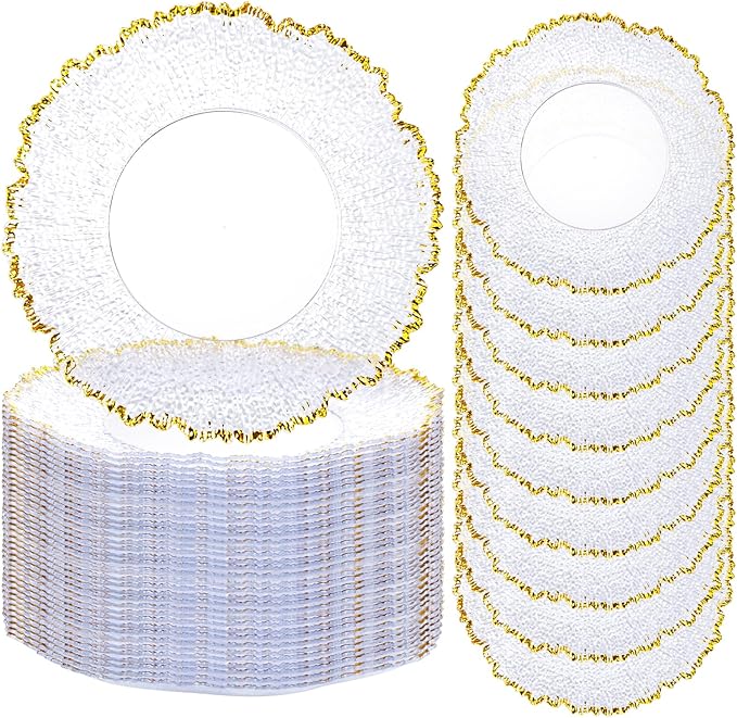 20pcs Clear and Gold Charger Plates Bulk 13inch Plastic Chargers for Dinner Plate Disposable Charger Plates Table Chargers for Wedding,Afternoon Tea,Spring,Mother's Day,Valentine's Day,Easter,Business