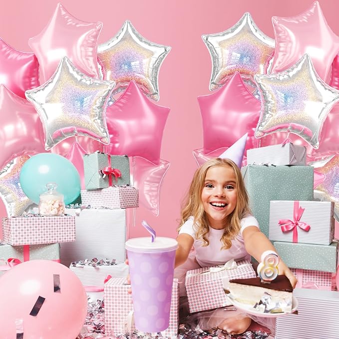 Pink and Silver Star Foil Balloons, 10PCS Pink Laser Silver Foil Stars Shape Balloon, 18 Inch Metallic Glitter Stars Balloons Helium for Girls Women Birthday, Princess, Anniversary Party Decoration