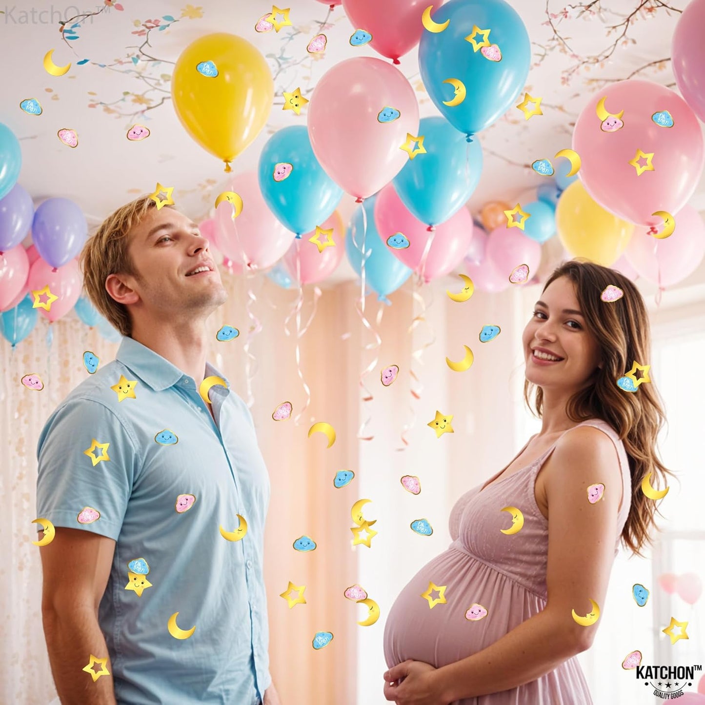 KatchOn, Baby Shower Confetti for Tables - Pack of 240 | Star and Moon Confetti For Gender Reveal Table Decorations | Pink, Blue and Gold confetti For Gender Reveal Party Decorations