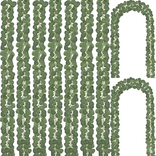CQURE 14 Pack Eucalyptus Garland, Artificial Greenery Garland Spring Faux Eucalyptus Leaves Table Vines for Wedding Backdrop Fireplace Arch Door Wall Room Decor（98FT）