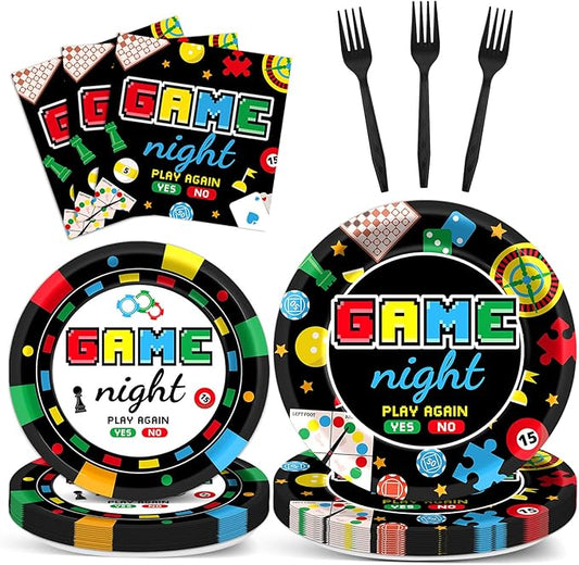 96Pcs Family Game Night Plates and Napkins Gaming Party Supplies Family Game Paper Plates Disposable Paper Plate Napkins Forks for Kids Adults Families Gamer Birthday Gaming Night Party Decorations