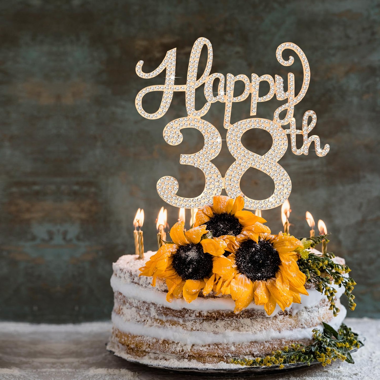 Happy 38th Birthday Decorations,38th Birthday Gold Rhinestone Cake Topper - Cheers to 38 Years Old Bday Party Metal Sparkly Cake Centerpieces Sign.