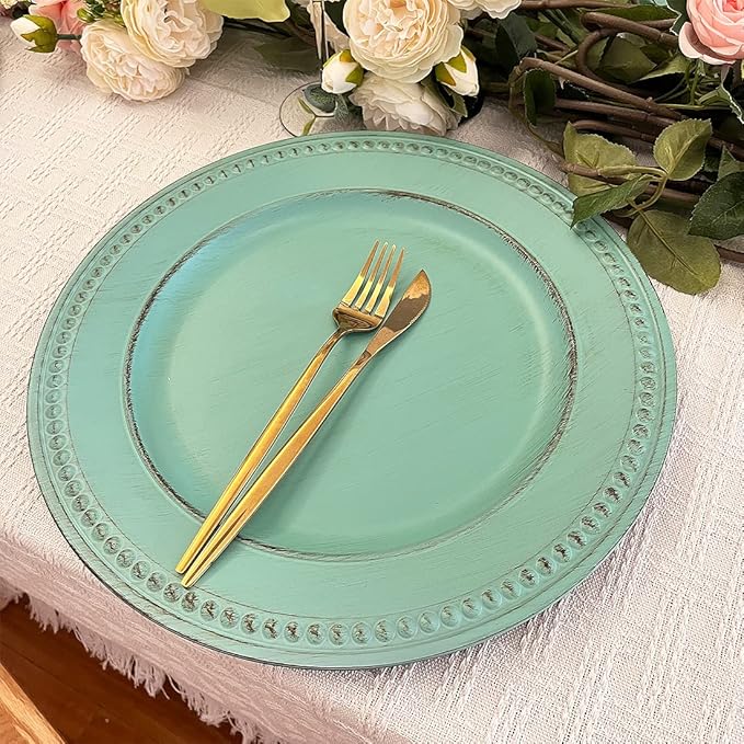 Antique Green Charger Plates,13 Inch Vintage Dinner Plate Chargers Round Server Ware.Set of 6 Plastic Beaded Chargers for Dinner Plates, Party, Wedding(Turquoise)