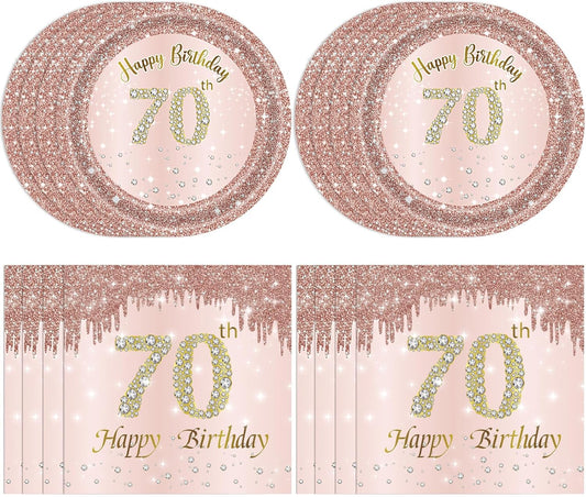 70th Birthday Decorations, Rose Gold Birthday Party Supplies Include 20Pcs Plates 20Pcs Napkins Sweet Seventy Year Old Party Tableware for Girl Ladies Women