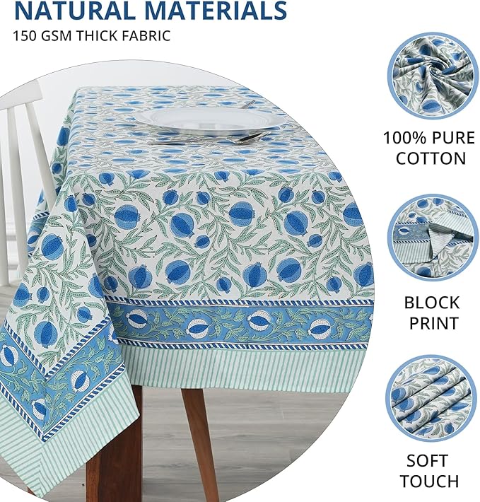 Ridhi Hand Block Print Queen Blue Rectangle Cotton Tablecloth 120" x 80" Reusable Table Cover Decorative Everyday Use for Dining, Farmhouse, Home Gift for Spring, Easter, Valentine