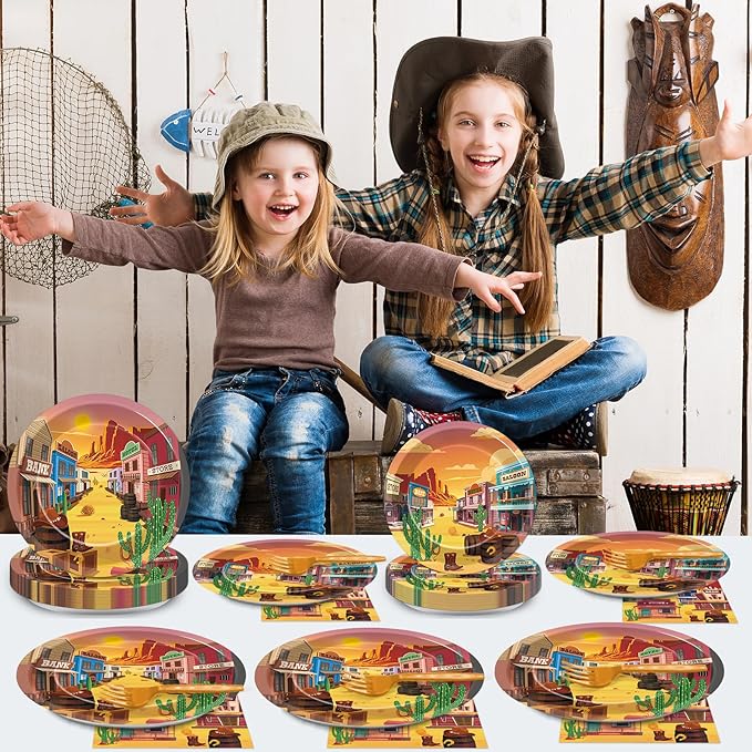 96 PCS Western Party Paper Plates and Napkins Rodeo Party Supplies Western Cowboy Disposable Tableware Set Wild West Desert Town Plate for Baby Shower Birthday Gatherings Decorations