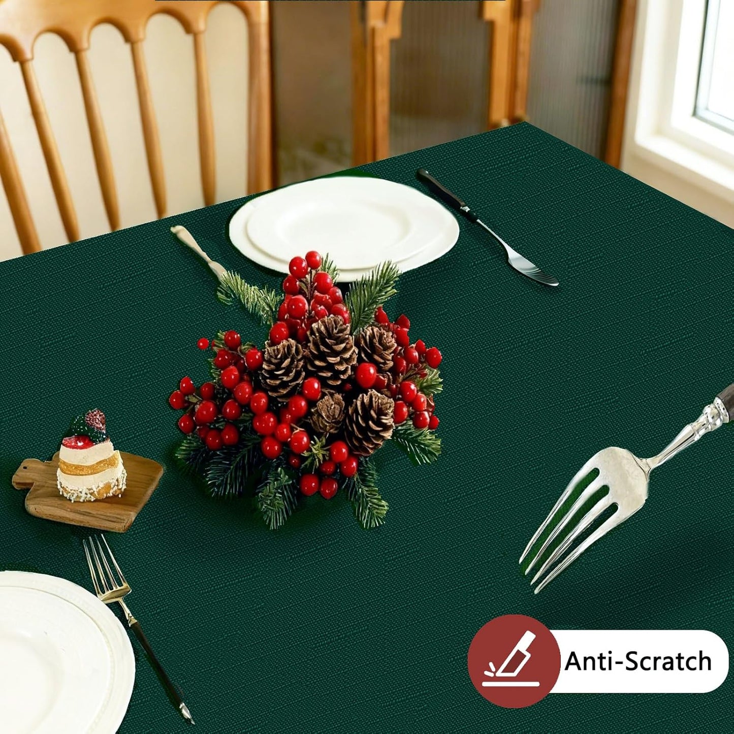 Fabric Green Christmas Rectangle Tablecloth, Faux Linen Textured Rectangular Table Cloth, Water Resistant & Washable for Dinig Party Holiday Decoration, 60 x 102 Inch