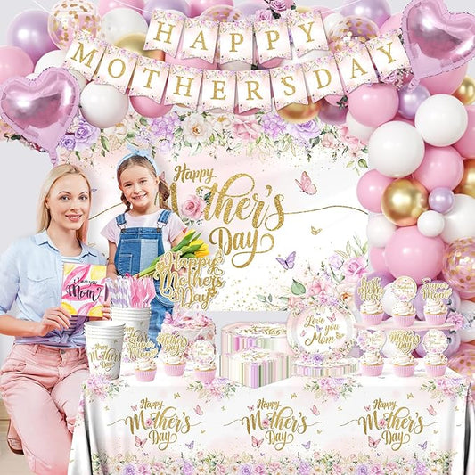 Happy Mother's Day Party Supplies,Pink and Purple Mothers Day Plates,Napkins,Balloon Arch,Banners,Cake Toppers Spring Floral Theme Love You Mom Decorations for Best Mom Ever Party Favor Serve 24