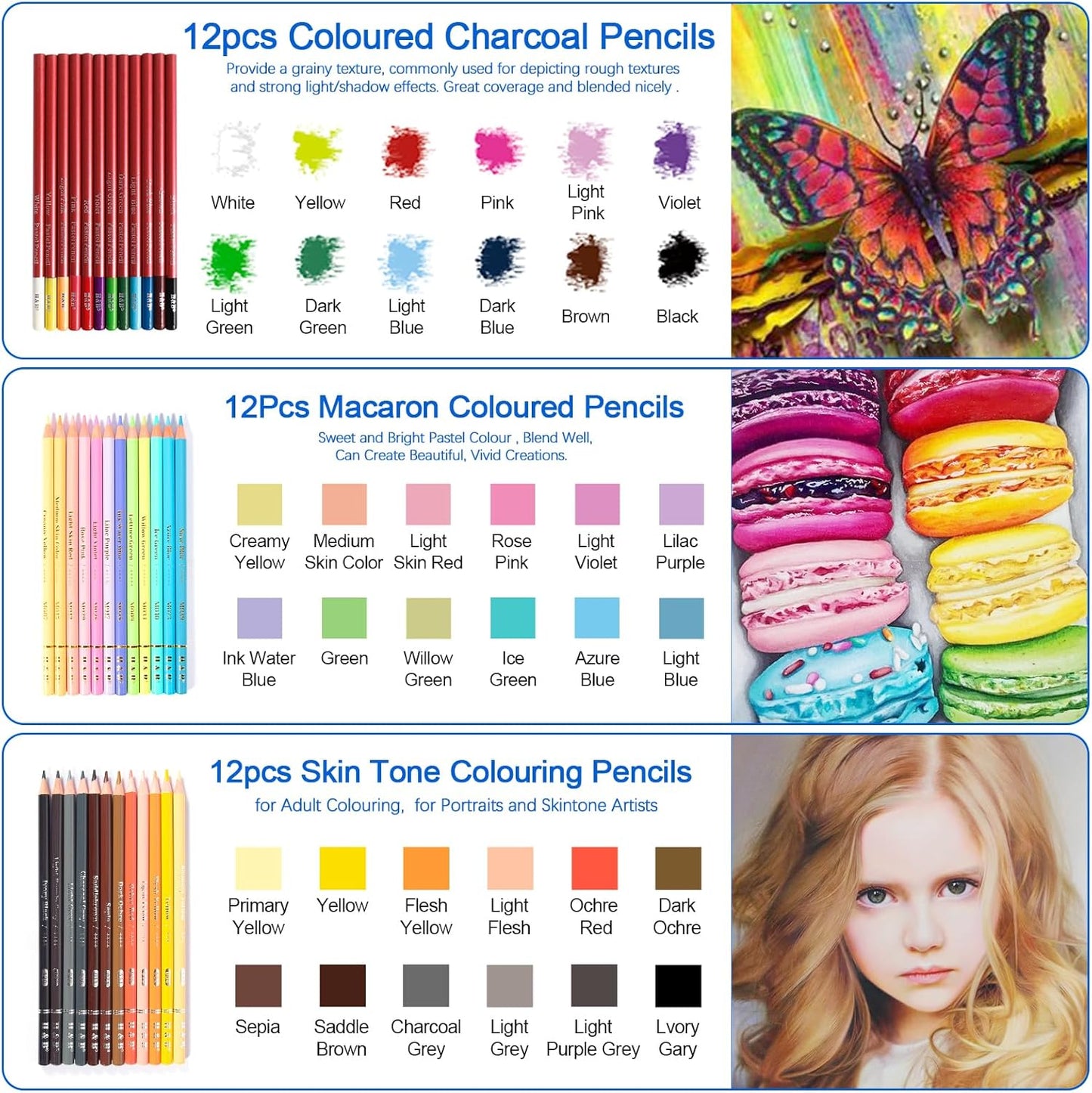 H & B Art Supplies, 72 Pack Drawing Supplies for Adults, Color Kit with Drawing Book, Coloring Book, Watercolor, Metallic Charcoal Macaron Oil-Based Coloured Pencils for Artists