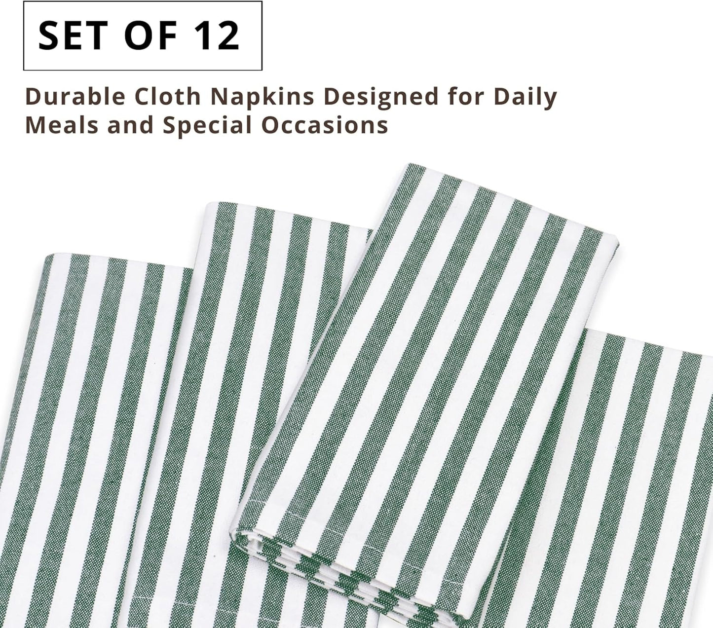 PurpleEssences Plain Striped Cloth Napkins - Set of 12-100% Cotton - 18 x 18 Inch - Fall Thanksgiving - Perfect Everyday Use Dinner Napkin - Forest Green and White
