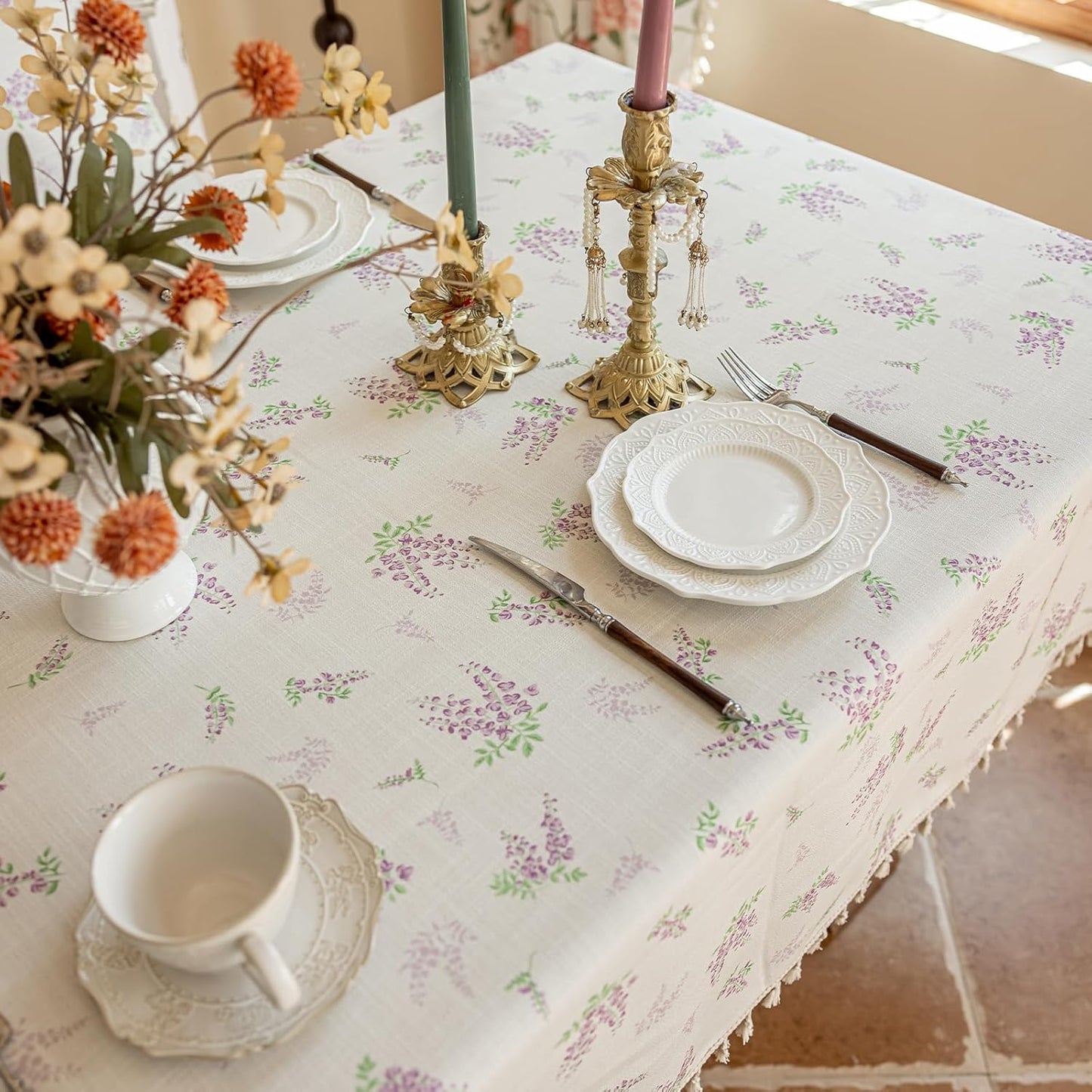ENJOYBRIDAL Purple Floral Tablecloth - 60 x 84 Inch - Rectangle Cute Table Cloth French Decorative Flower Dining Table Cover 6-8 Seats Camping Picnic Kitchen Vintage Furniture Protector