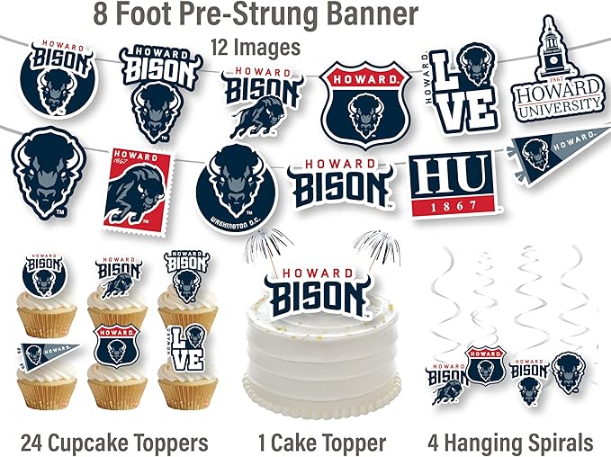 Howard University Party Supplies for Football, Birthday Gift, HU Graduation Party Banner and Cake Toppers (42 Pieces) (Howard Bison)