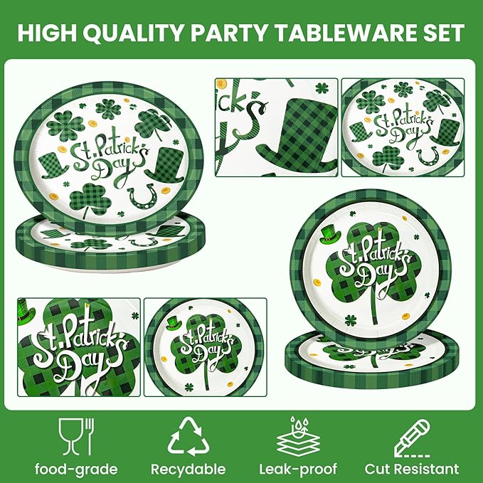 Dereinwo 100 PCS St Patricks Day Paper Plates and Napkins | Bundle Includes Paper Oval Dinner Plates Dessert Plates and Napkins for Irish Holiday Party Supplies Themed Tableware | Serve 25