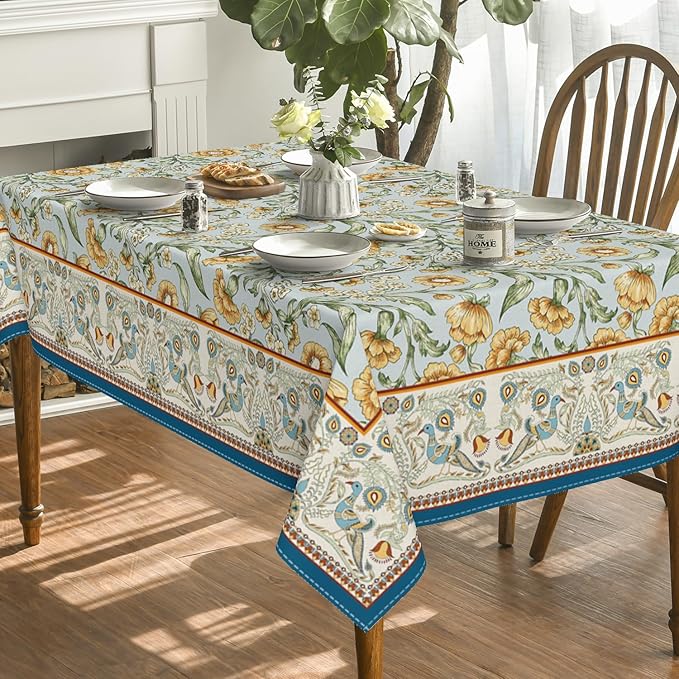 Horaldaily Rustic Rectangular Tablecloth 60x104 Inch, Bird Floral Vintage Washable Seasonal Table Cover for Party Picnic Dinner Decor