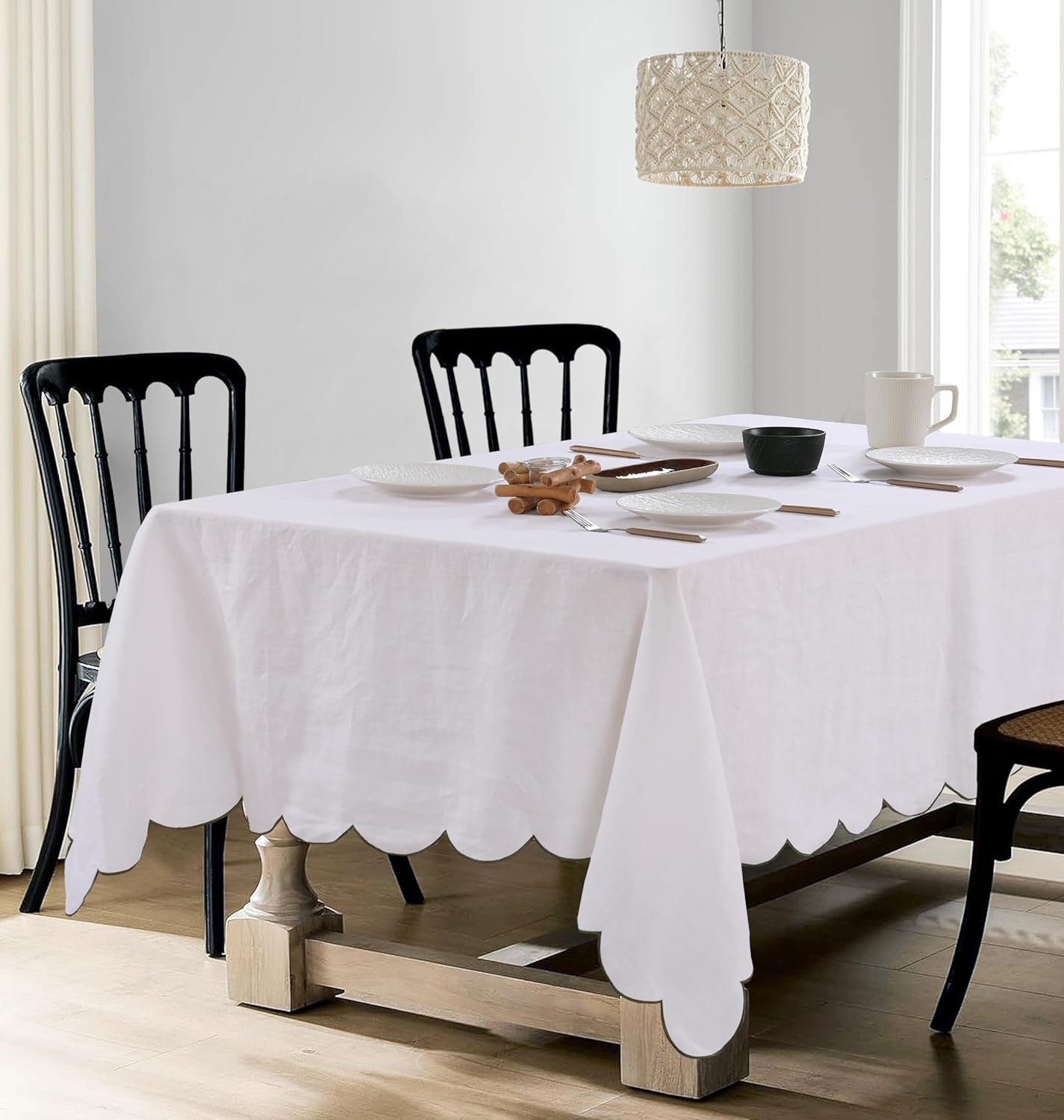 100% Pure Linen Scalloped Embroidery Rectangle Tablecloths 84Lx60W Inch for Dinners, Parties, Spring, Easter, Machine Washable, 6-8 Sets, White(Edges-Gold)