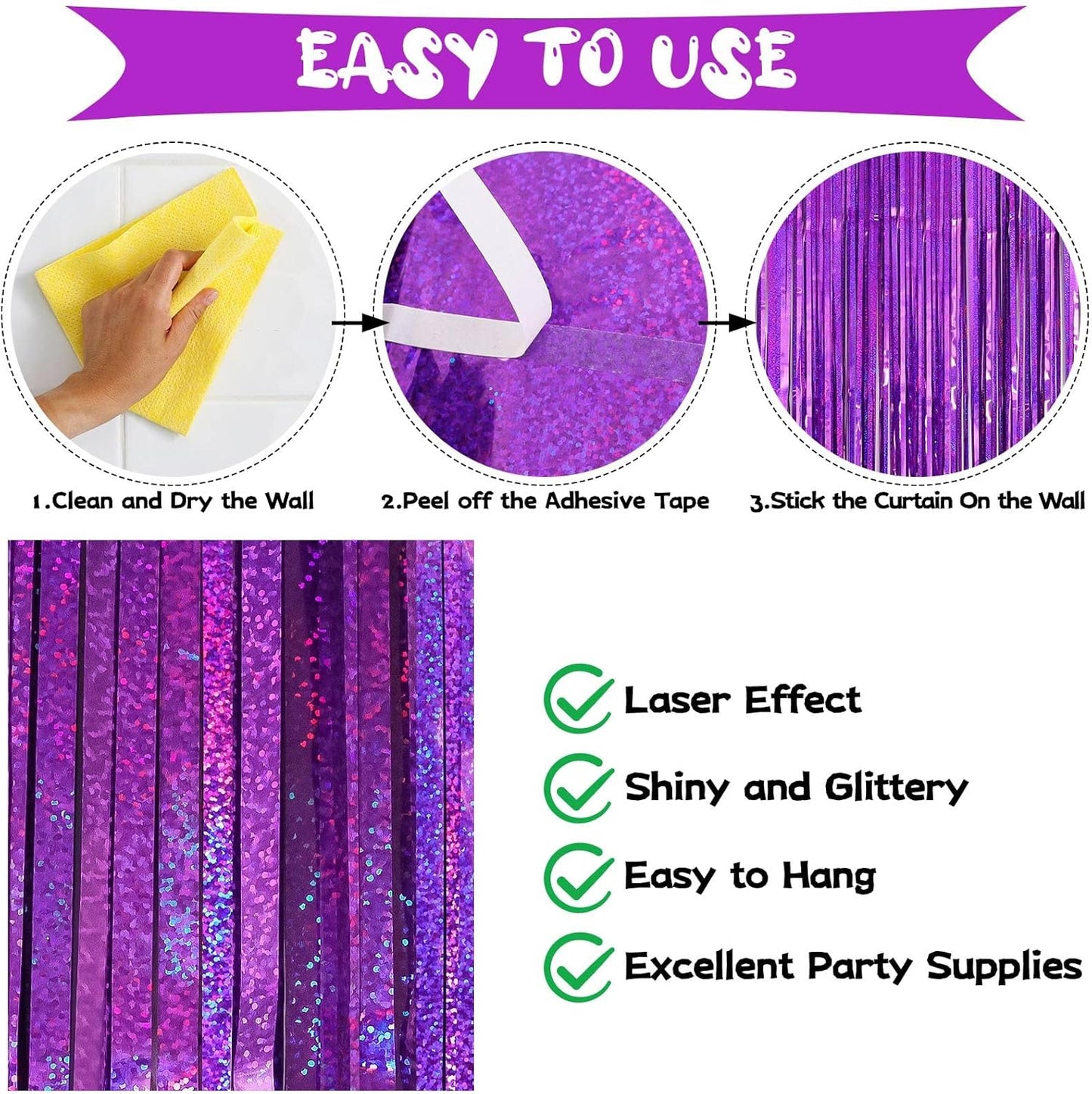 Purple Tinsel Foil Fringe Curtain Backdrop, 2 Pack Metallic Glitter Curtains Party Decorations Streamers, Xmas Purple Backdrop for Birthday Wedding Bridal Shower Homecoming New Year