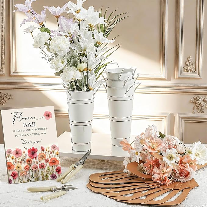 LEIFIDE 39 Pcs Flower Bar Buckets Set Kit Bloom Bar Supplies Include Wood Sign Gift Bags Iron Bucket Garden Flower Shears for Valentine Days Wedding Bridal Shower Table Centerpieces (White)