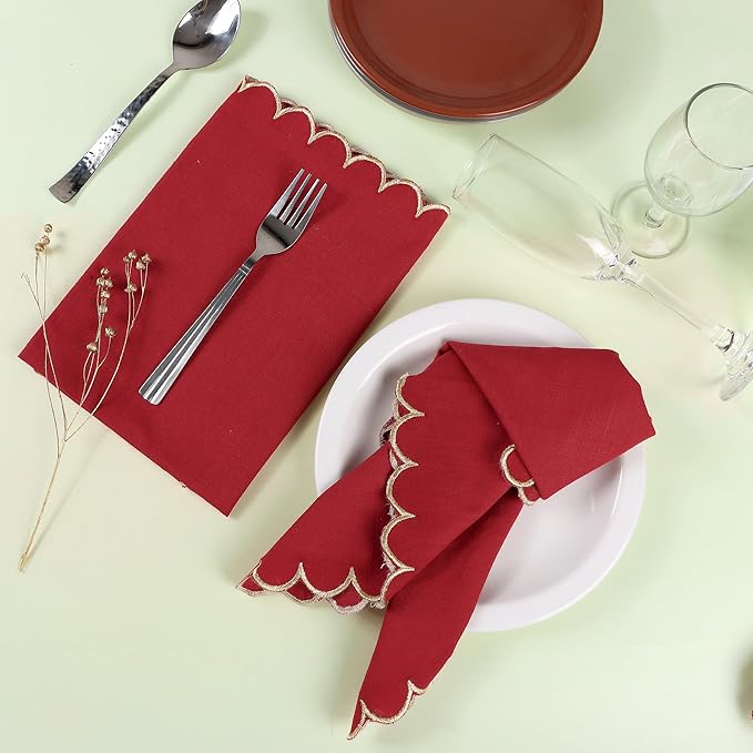 FINGERCRAFT Cloth Napkins, Everyday Use Scallop Design with Golden Zari, Premium Quality Natural Cotton Napkin Cloth Set of 6 Perfect for Parties Dinners Weddings Christmas 20x20 inch Tango Red