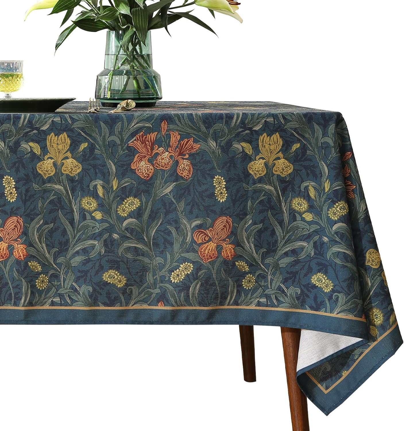 patdrea Designer Vintage Dark Blue Linen Rectangle Tablecloth,French Rustic Floral Pattern Tablecloths,Decorative Table Cover Cloth for Kitchen,Dining,Tea Party,Home,Christmas,63"*94"