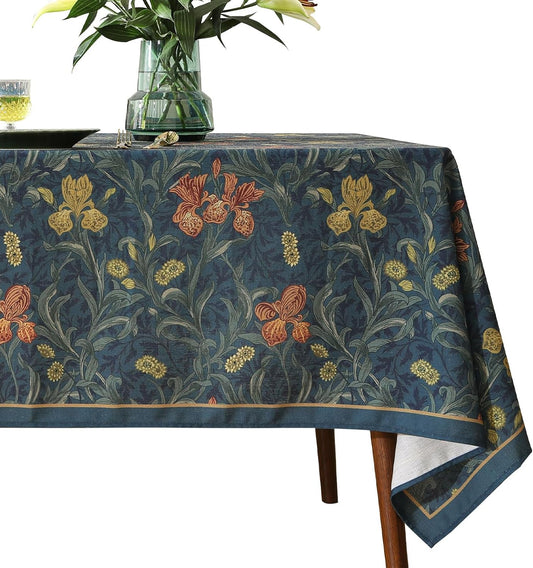 patdrea Designer Dark Blue Linen Rectangle Tablecloth,Vintage French Rustic Floral Pattern Tablecloths,Decorative Table Cover Cloth for Kitchen,Dining,Tea Party,Home,Christmas,55"*71"