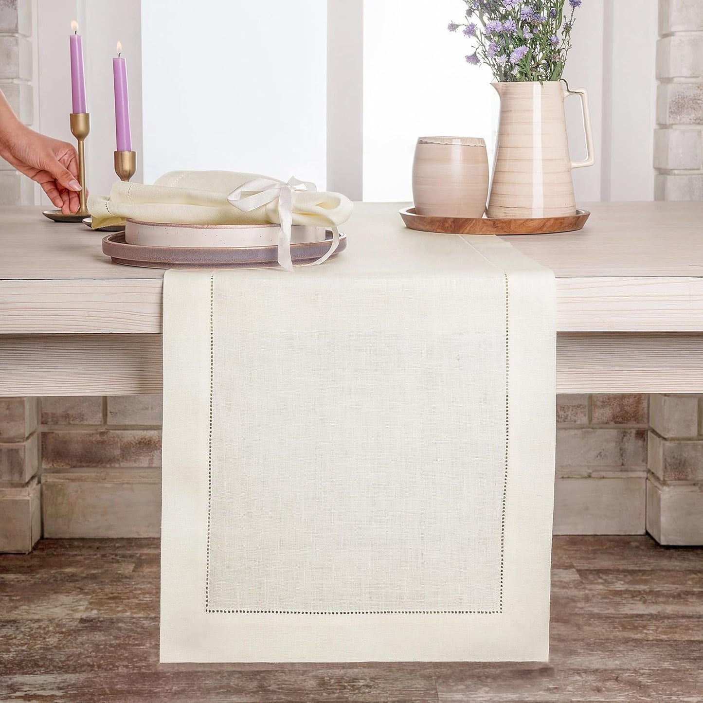 D'Moksha Homes Linen Ivory Table Runner 90 Inches Long - Classic Hemstitch 100% Pure Linen Dining Table Runner 14 x 90 Inch for Fall, Autumn and Halloween