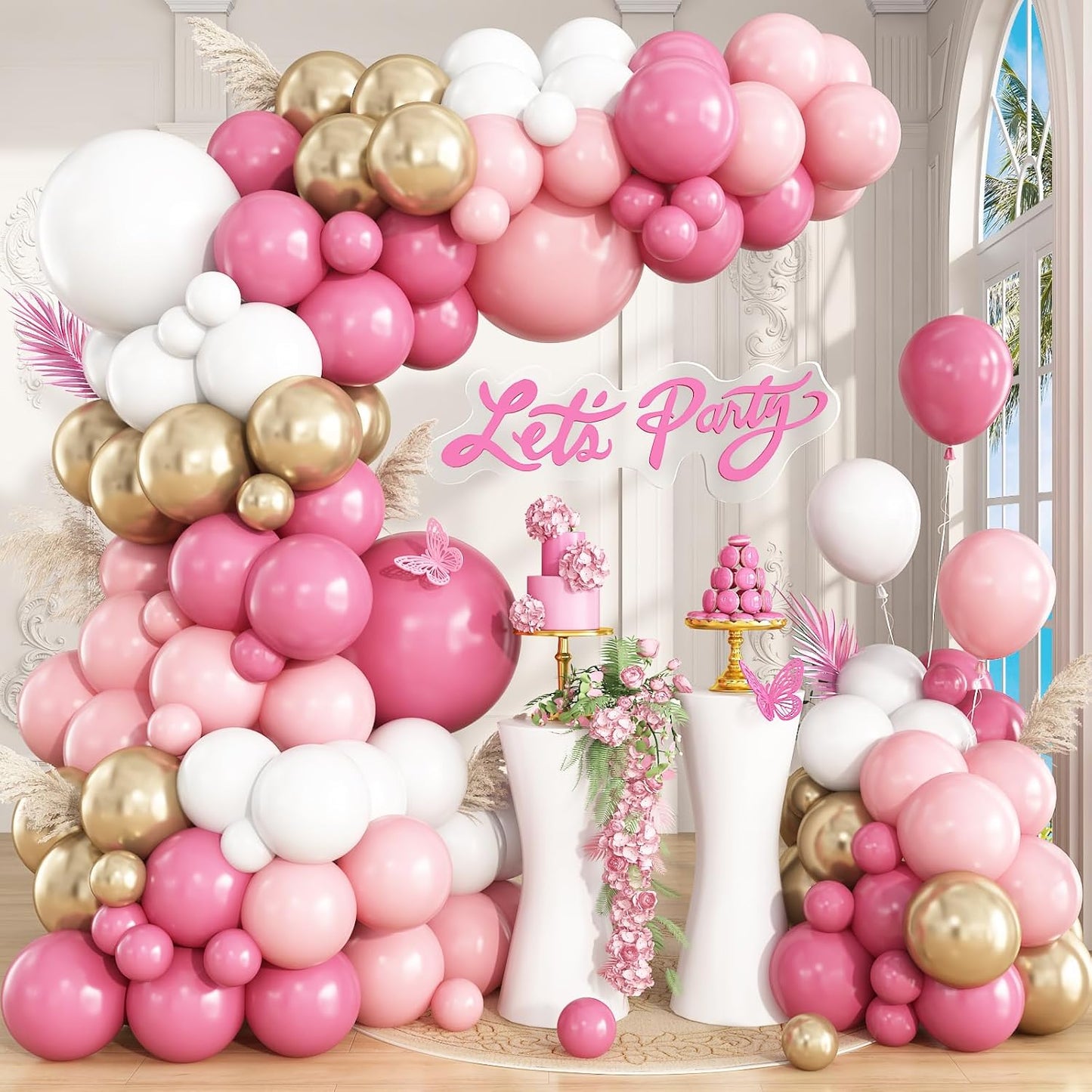 Hot Pink White Gold Balloon Garland Arch Kit, 148Pcs Hot Dusty Pink White Gold Balloons for Baby Shower Wedding Bridal Shower Gender Reveal Birthday Party Decorations