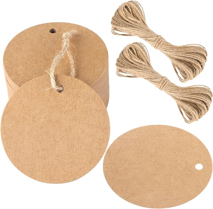G2PLUS Round Gift Tags with String-2.5 Inches Blank Circle Kraft Paper Tags 100 PCS Large Round Craft Labeling Tag for Wedding, Birthday, Christmas Party Favors
