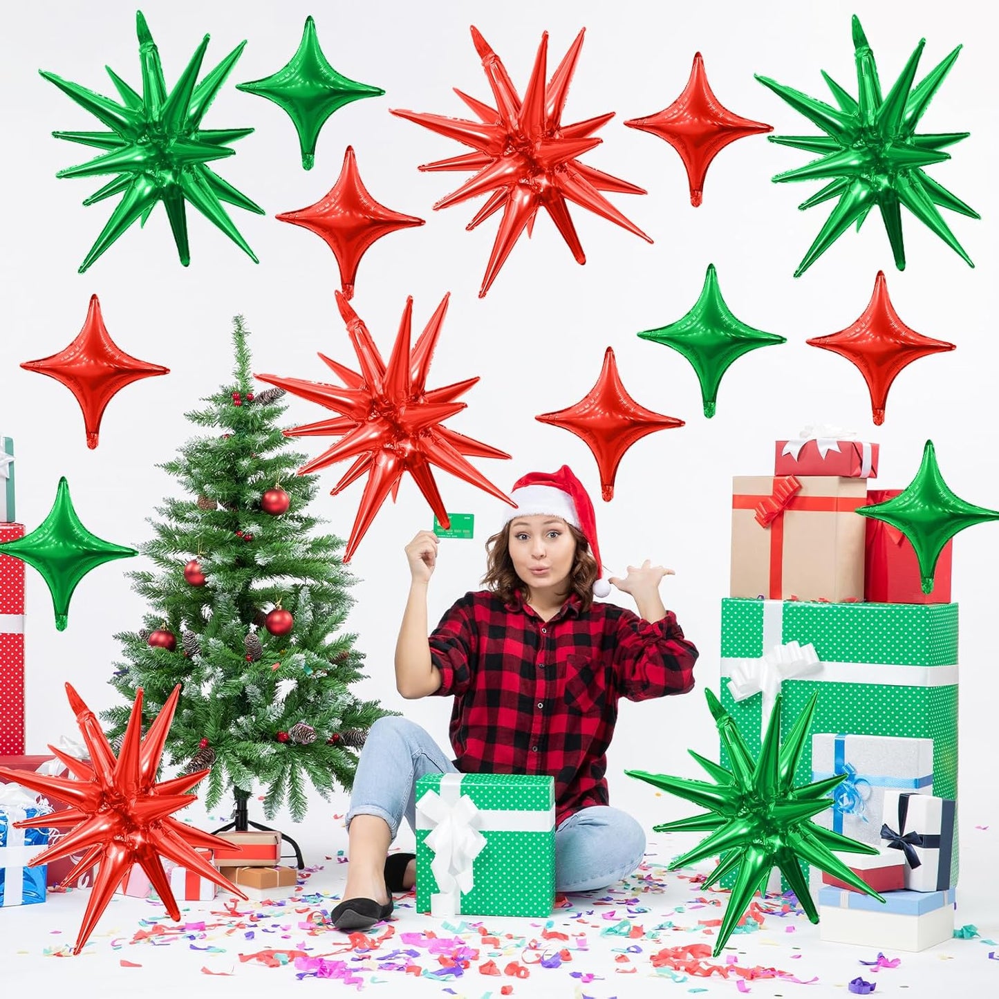 Red Green Star Balloons,Explosion Star Balloons Kit with 6Pcs 22Inch Cone Star Foil Balloons and 10Pcs 10Inch Four Pointed Star Balloons for Christmas Birthday Anniversary Party Decorations