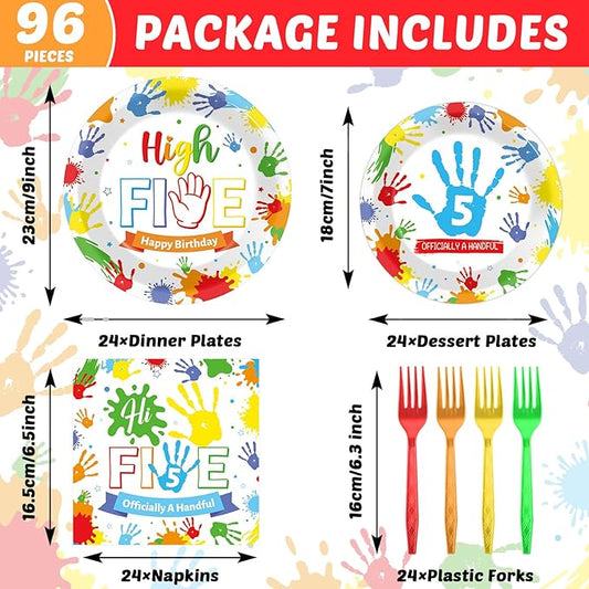96Pcs Hi Five Birthday Party Supplies Colorful High 5 Year Old Birthday Paper Plates Napkins Hi FIVE Party Decorations Kids Girls Boys 5 Years Old Dinnerware Favor Tableware Serves 24