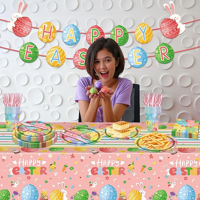 98PCS Easter Party Supplies Happy Easter Paper Plates and Napkins Colorful Easter Bunny Egg Tableware Set Spring Easter Party Decorations Easter Holiday Party Disposable Dinnerware Set for 16 Guests