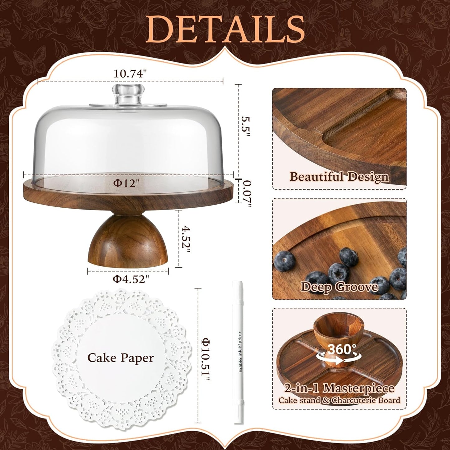 Acacia Wood Cake Stand with Lid,12in Round Acrylic Cake Stand with Dome,2-In-1 Reversible Charcuterie Board with Lid,Large Wooden Baked Goods Display Holder,Perpare For Dessert,Cheese,Chips,Cookie