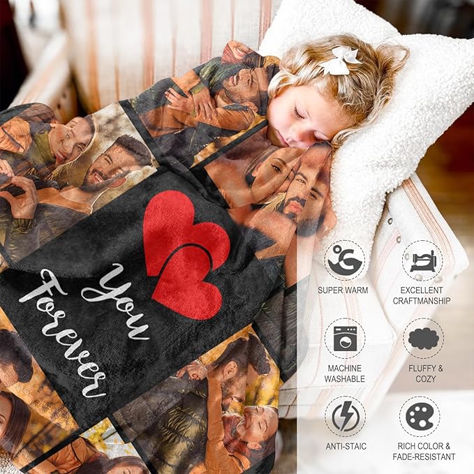 Ships Next Day Custom Blanket with Picture Text Personalized Throw Blanket Photo Collage Blankets Customized Valentines Day Gifts for Couple Girlfriend Boyfriend Her Him Wife Husband