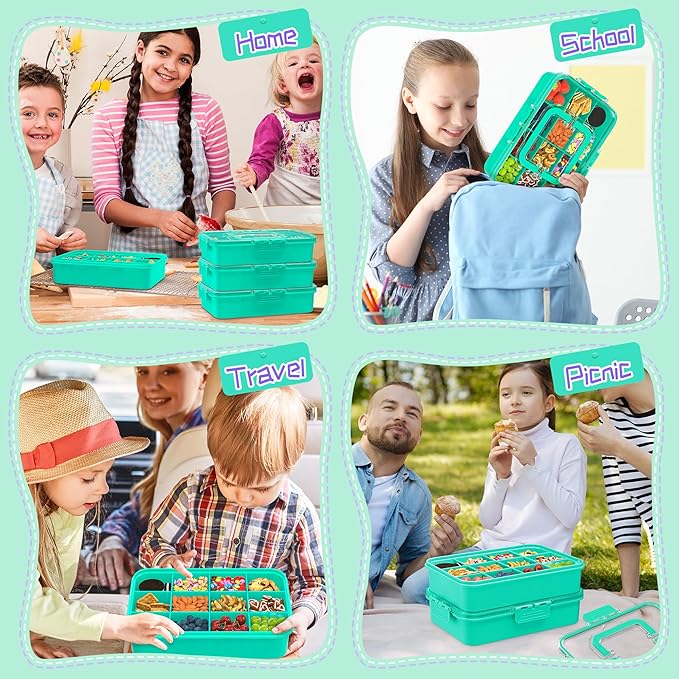 Snack Box Container for Kids - Adjustable 12-Compartment Snack Containers, Reusable Bento Box, Dishwasher Safe, BPA-Free, Perfect for School, Travel, Camping & Picnic, Green