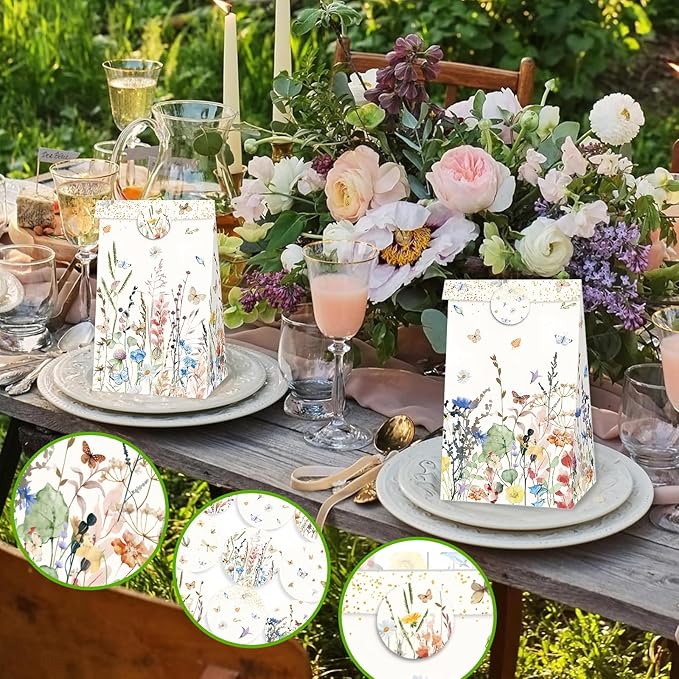 Inshinern Wildflower Party Favor Gift Bags Small Spring Floral Party Bags with Sticker Boho Theme Candy Goodie Bag for One Birthday Baby Shower Woodland Picnic Garden Tea Party Supplies (12Pcs)