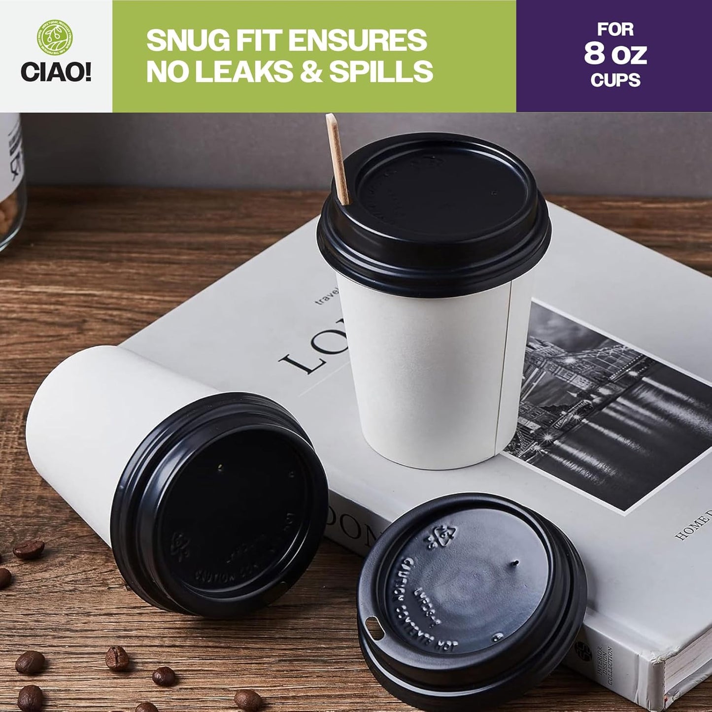 CIAO! 8oz Coffee Cup Sipper Black Dome Lid, (80mm) 1,000 Count
