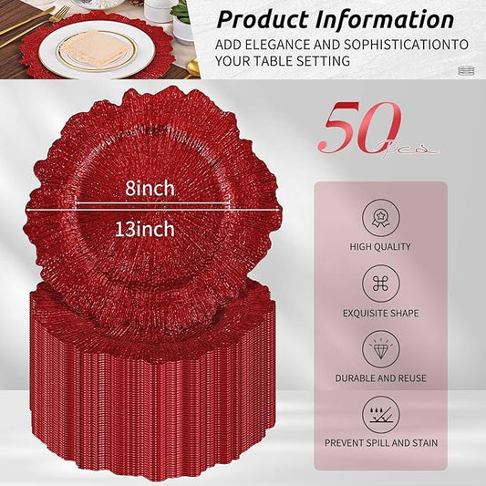 Pesonlook 50Pcs Red Charger Plates Round 13inch, Reef Plate Chargers for Dinner, Bulk Plastic Floral Table Charger Plates for Dinner Wedding Party Event Table Setting Decoration(Red)