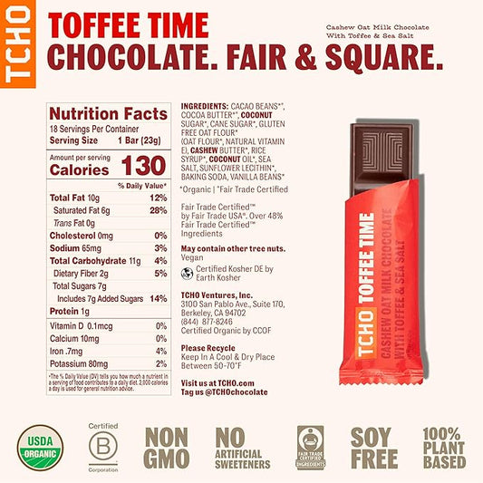 TCHO Toffee Time Chocolate Bars - 100% Plant-Based Organic Cashew Oat Milk Chocolate - Vegan, Soy-Free, Gluten-Free, Individually Wrapped Pure Cacao Bars - Sweet & Salty in Every Bite (18-Pack)