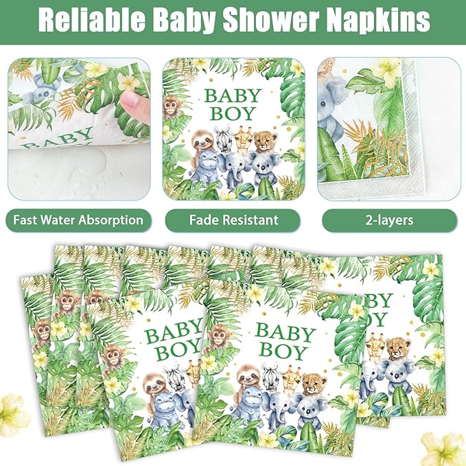 96Pcs Safari Jungle Baby Shower Party Supplies Green Wild Animals Baby Boy Paper Plates Napkins Baby Shower Party Decorations Safari Jungle Dinnerware Party Favor Wild One Tableware Serves 24