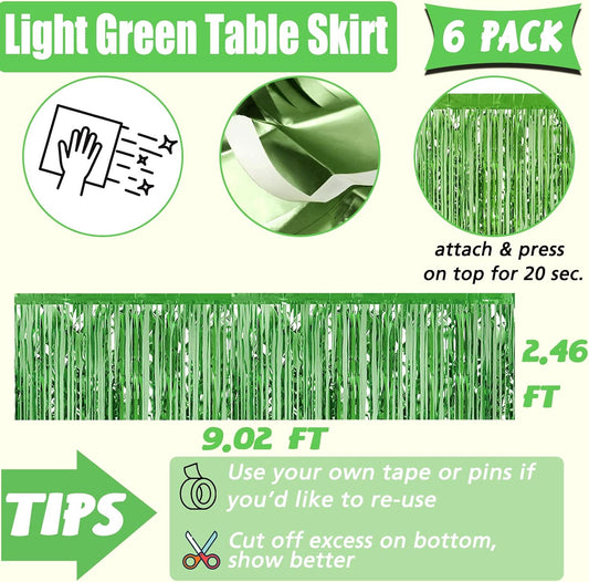 6 Pack 29x108 Inch Light Green Metallic Foil Fringe Table Skirts Banner for Tinsel Streamer Garland Curtains Backdrop for Parade Floats Baby Shower Birthday Christmas Halloween Party Decoration