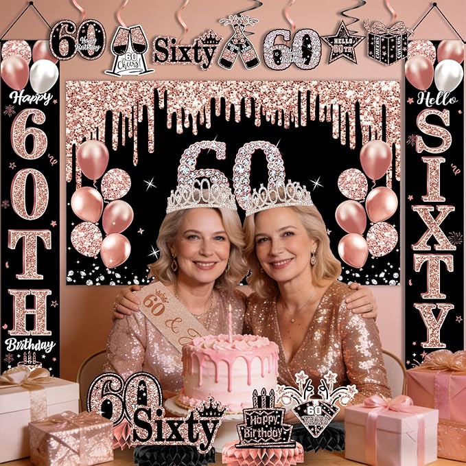 60th Birthday Decorations for Women, 38pcs 60th Birthday Crown and Sash, Black Rose Gold Happy 60th Birthday Banner Balloons Backdrop Hanging Swirls Porch Banner for 60 Years Old Birthday Decorations