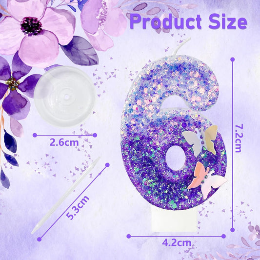 6Th Birthday Candle for Cake，Butterfly Cake Toppers，Butterfly Birthday Decorations，Purple Birthday Candles，for Birthdays,Theme Parties, Celebration, Anniversary