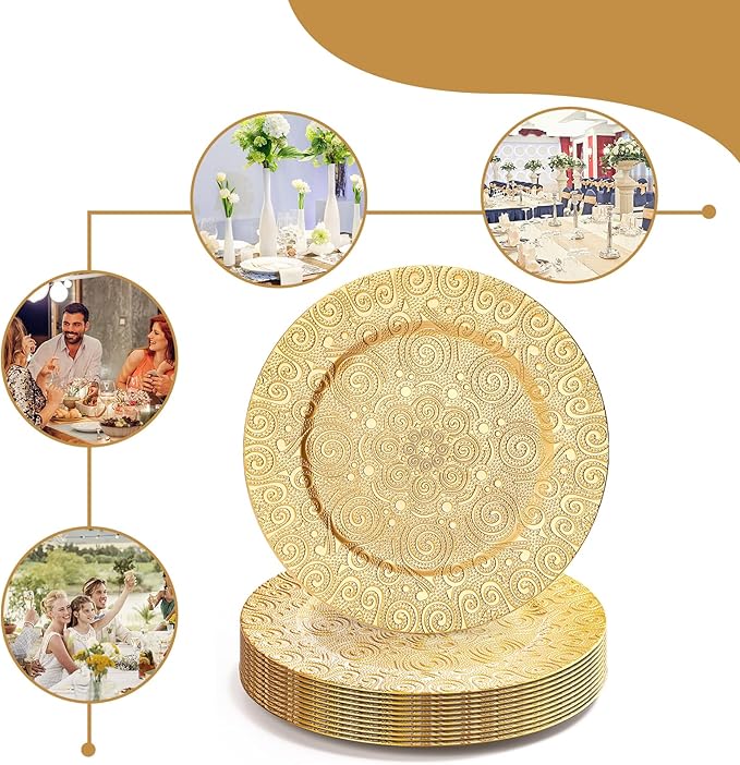 SOUJOY 12 Pack Gold Charger Plates, 13 Inch Plastic Dinner Plate, Reusable Round Phoenix Pattern Elegant Serve Ware Plates for Weddings, Parties, Anniversary, Thanksgiving