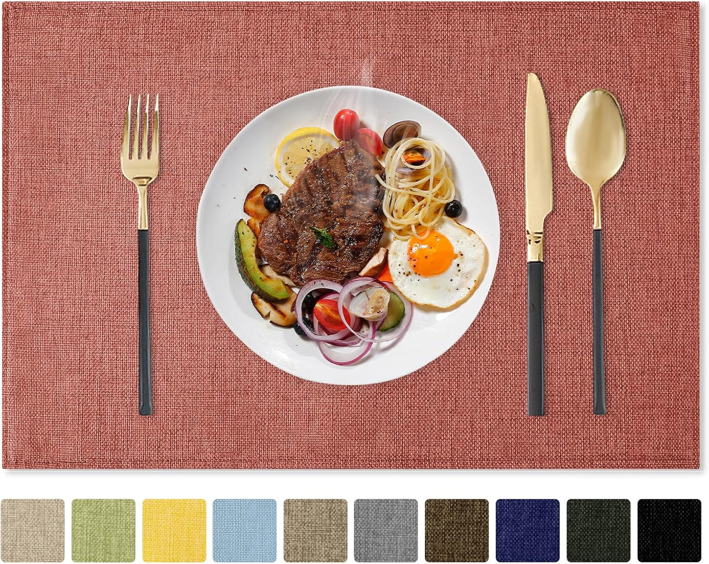 Romanstile Cloth Placemats Set of 8-12 x 18 Inch, Heat Resistant Double Layered Thickened Burlap Fall Place Mats, Washable Faux Linen Farmhouse Table Mats for Kitchen/Dining/Party/Outdoor, Orange