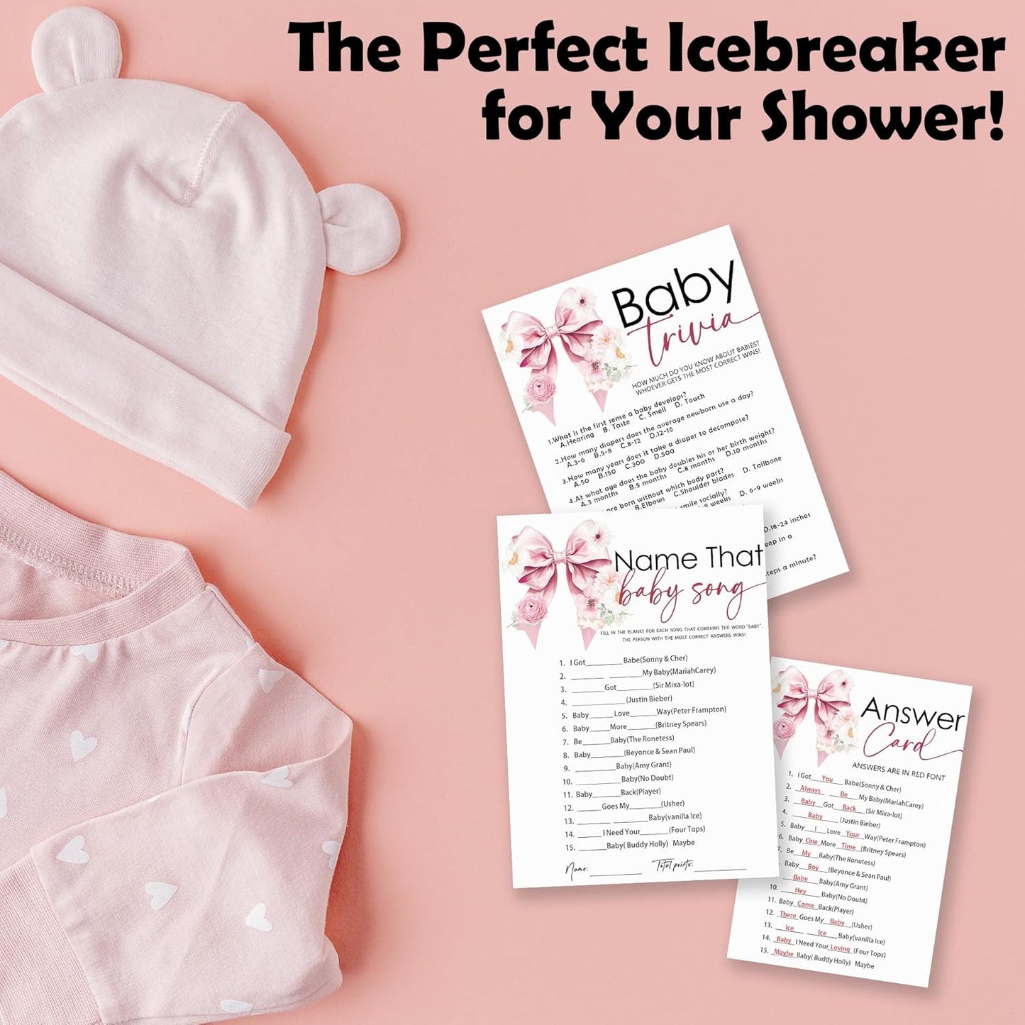 Name That Baby Song & Trivia Theme Baby Shower Game Activities-30 Pink Bow & Floral Double-Sided Game Cards(5’’x7 ’’) & 1 Answer Card(4’’x6’’) For Boys & Girls-Gender Natural Decor & Supplies-A02