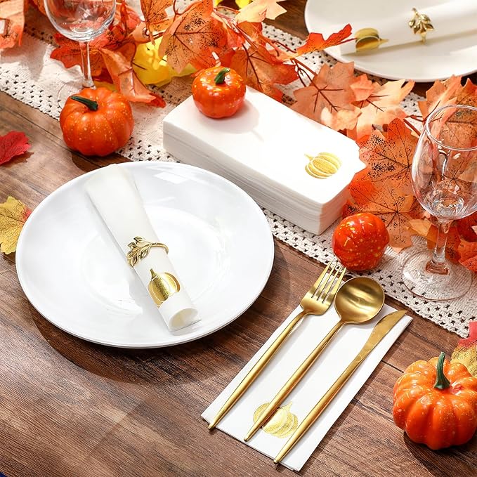 Janlaugh 100 Pcs Gold Thanksgiving Linen Disposable Bathroom Hand Towels Pumpkin Maple Leaves Foil Stamped Guest Napkins 12"x17" Paper Towels for Bathroom Home Lunch Dinner Kitchen(Pumpkin)