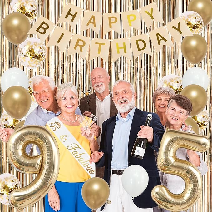 Trgowaul 95th Birthday Decorations for Women, Banner, Sash and Crown, Cake Topper, 95 Number Balloon, Fringe Curtains, Champagne Gold 95th Birthday Party Supplies