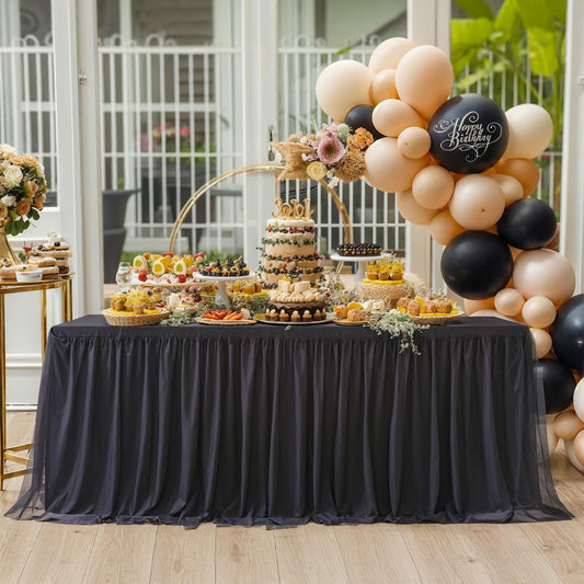 6 Pack Black Tulle Tablecloths for 8 Foot Rectangular Tables, 8ft Black Rectangle Table Cloths, Wrinkle Free Table Cover with Tutu Skirt for Wedding Birthday Party Banquet Buffet Event Decorations